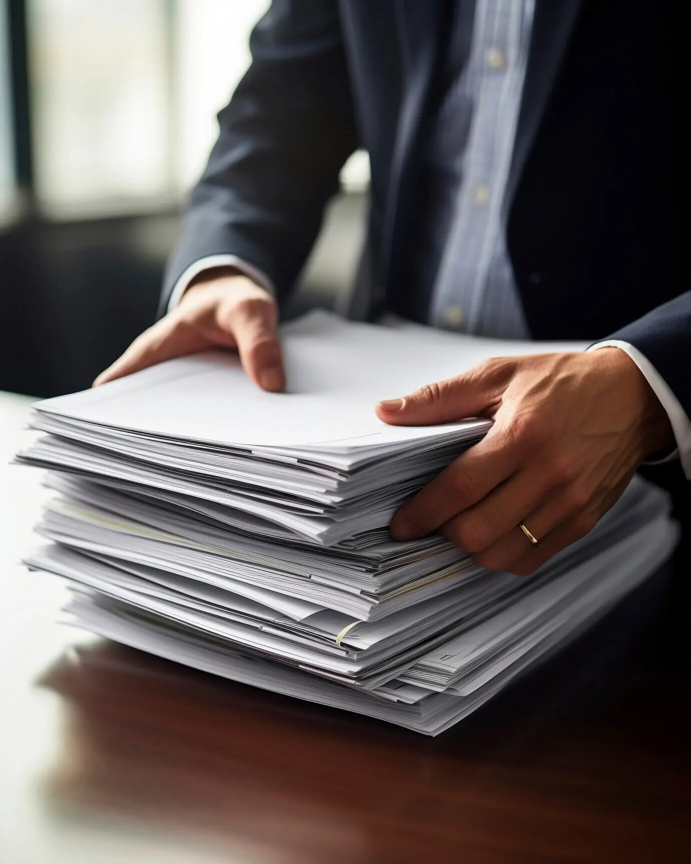 Вид сбоку: юрист работает с документами.